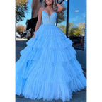 Vestido de fiesta de noche de tul con escote en V, corte A, apliques escalonados 