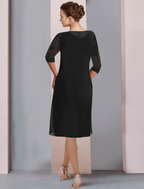 Vestido de dos piezas de corte A para madre de la novia, elegante, con escote redondo, largo hasta la rodilla, de gasa, con encaje, media manga, chaqueta cruzada incluida, con apliques fruncidos