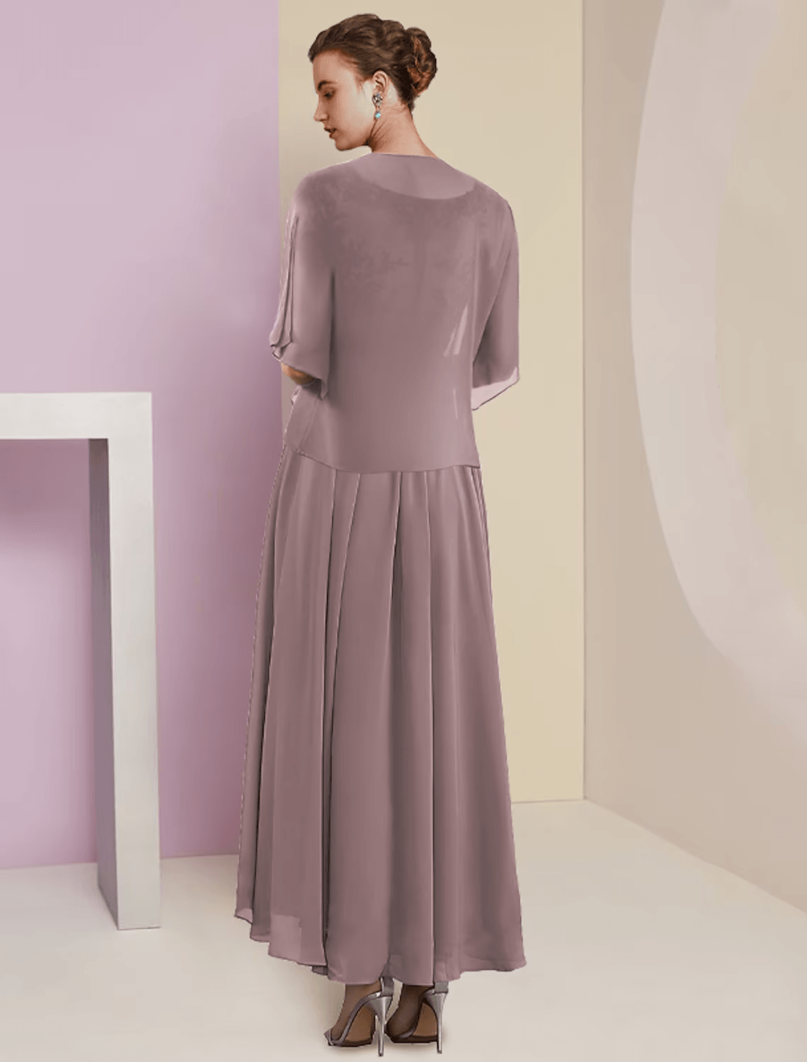 Vestido de madre de la novia de dos piezas, corte A, para invitada de boda formal, elegante, escote en V, largo hasta la rodilla, encaje, manga corta, cruzado, incluido, con pliegues y apliques