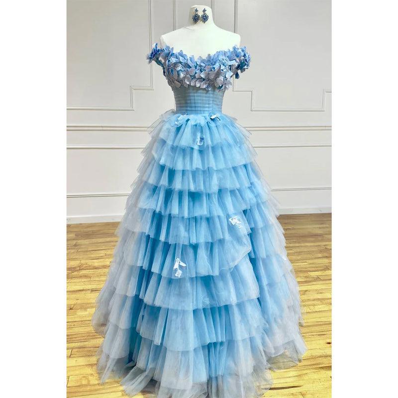 Vestido de noche de fiesta de graduación con escote en A de tul, hombros descubiertos, apliques escalonados y abertura lateral 