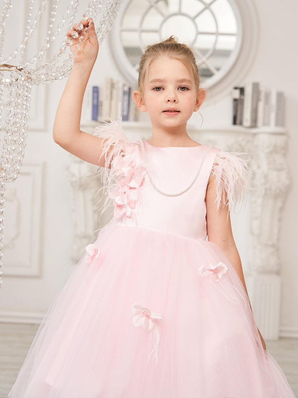 Vestido de princesa sin mangas de tul para niña de las flores con cuentas y lazo de plumas (010224704) 