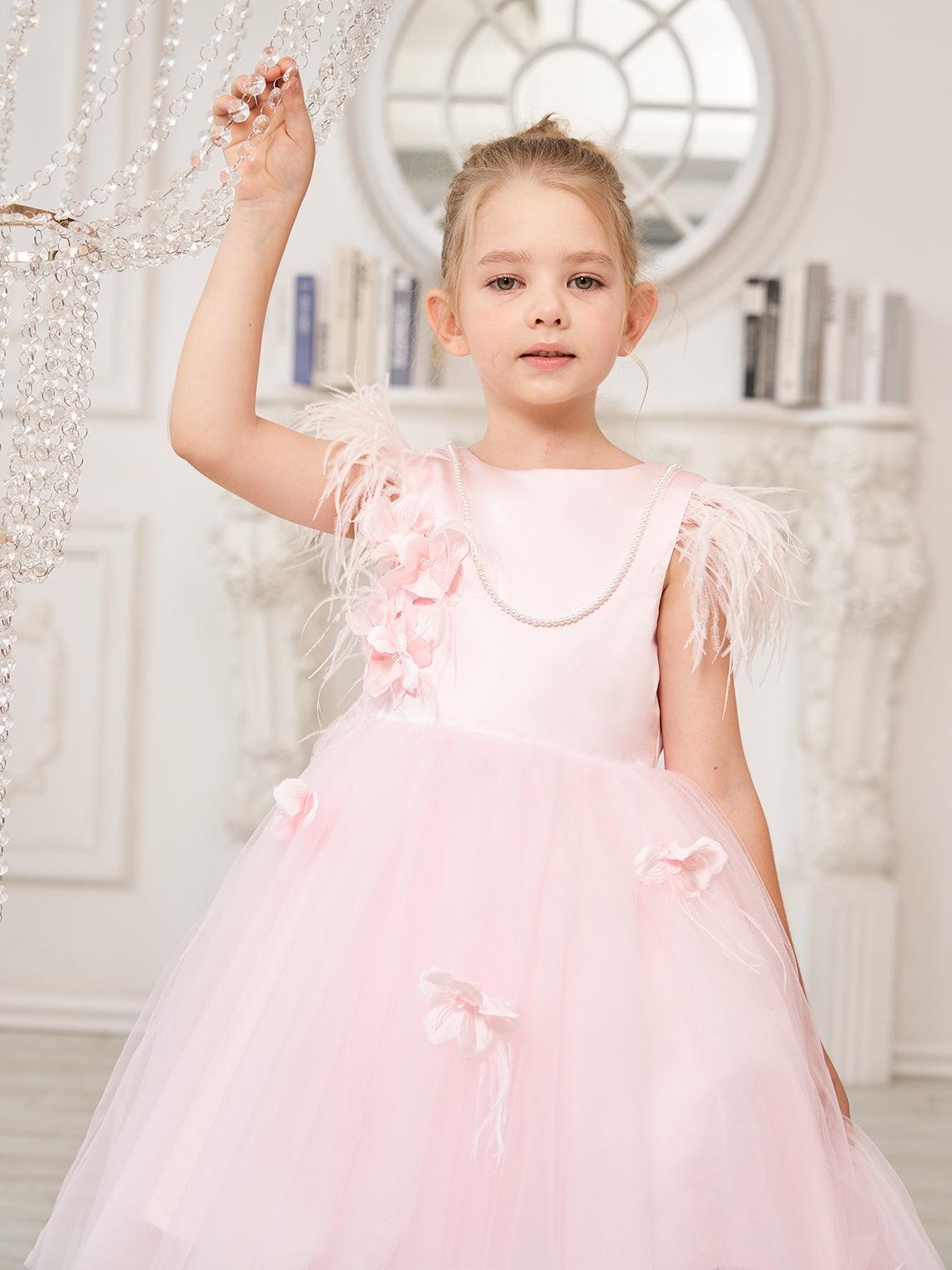 Vestido de princesa sin mangas de tul para niña de las flores con cuentas y lazo de plumas (010224704) 