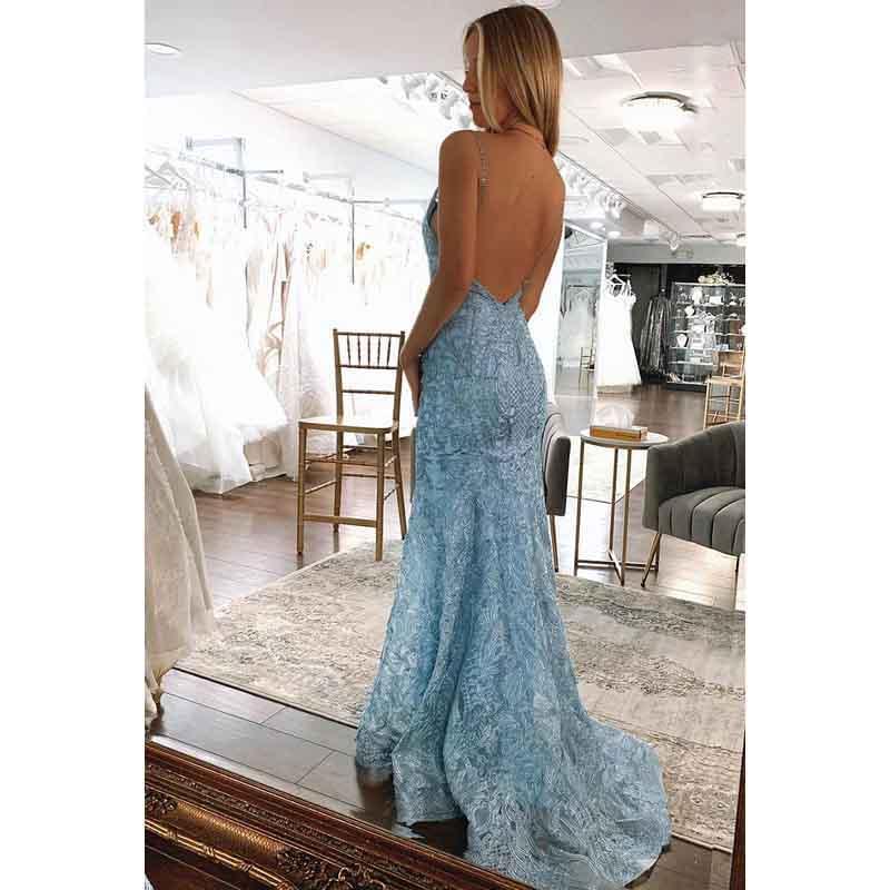 Vestido formal de noche con escote en V, apliques de encaje y espalda descubierta