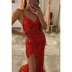Vestido de noche sin mangas, con escote en V, lentejuelas, abertura en la espalda y corte tubo/columna