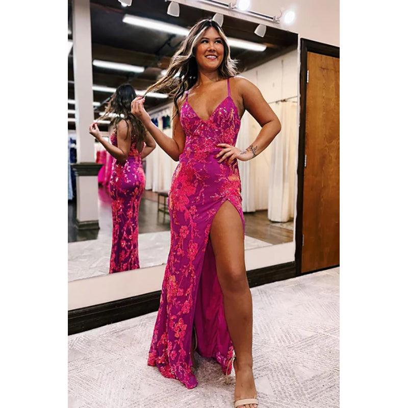 Fuchsia Pailletten Spitze V-Ausschnitt Meerjungfrau Langes Ballkleid