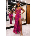 Fuchsia Pailletten Spitze V-Ausschnitt Meerjungfrau Langes Ballkleid