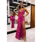 Fuchsia Pailletten Spitze V-Ausschnitt Meerjungfrau Langes Ballkleid