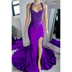 Vestido de fiesta sexy y atractivo con tirantes cruzados, volantes y cuentas, corte trompeta/sirena