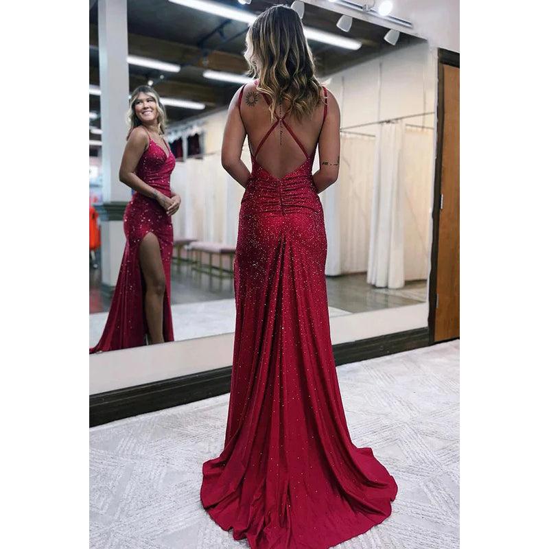 Vestido formal de noche con escote en forma de corazón, lentejuelas y abertura para graduación