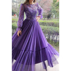 Einzigartiges formelles Abendkleid in A-Linie mit U-Ausschnitt und langen Ärmeln aus Spitze 