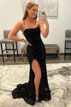 Vestido de fiesta sirena sin tirantes con lentejuelas largo con abertura