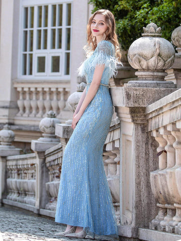 Numbersea Mermaid Beaded Luxurious Fashion Formal Evening Dresses Short Sleeves Floor Length