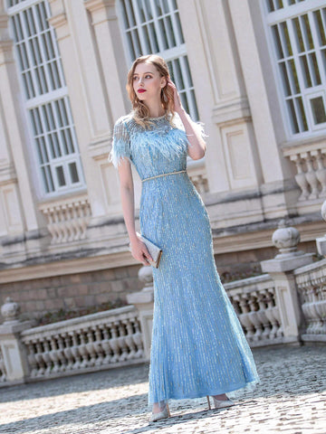 Numbersea Mermaid Beaded Luxurious Fashion Formal Evening Dresses Short Sleeves Floor Length