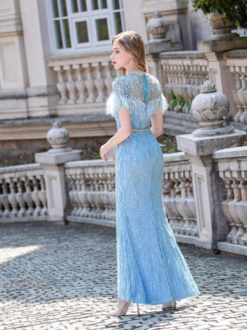 Numbersea Mermaid Beaded Luxurious Fashion Formal Evening Dresses Short Sleeves Floor Length