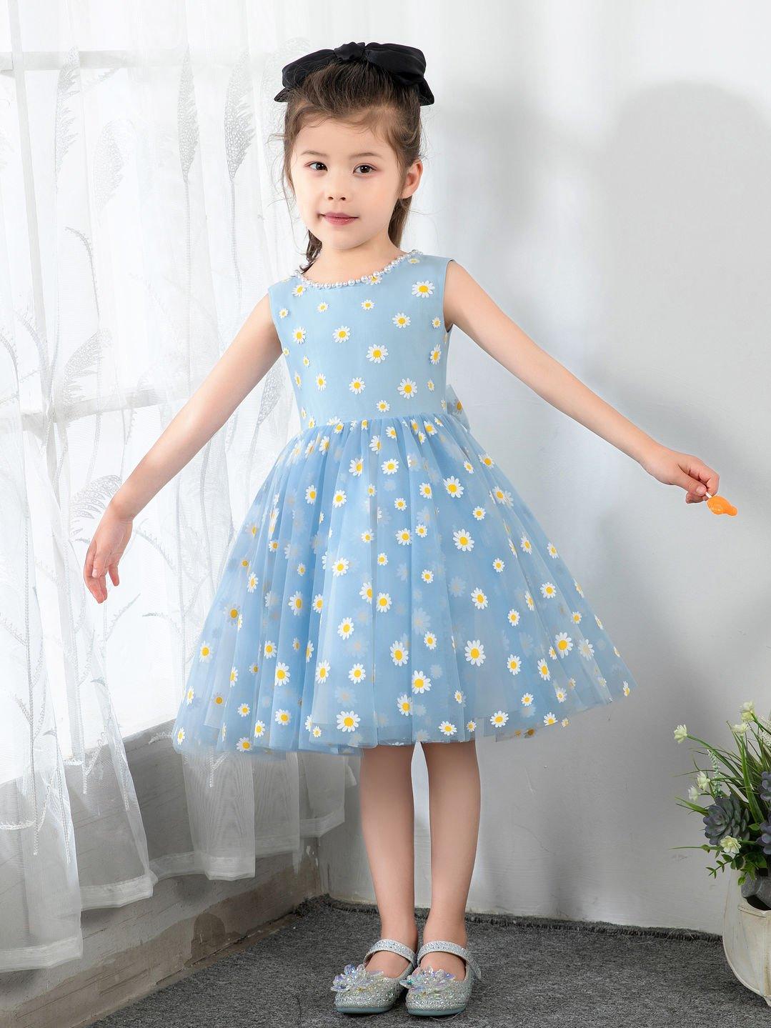 NumberSea - Kids Little Blue Daisy Flower Girls' Princess Cute Dresses Children's Occasion Wear Party Dresses Birthday Dress