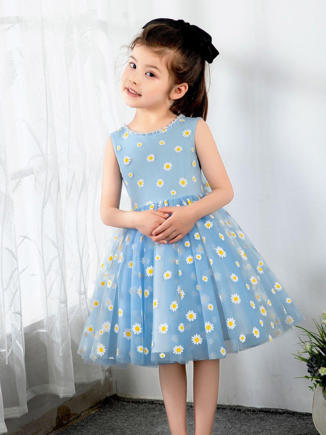 NumberSea - Kids Little Blue Daisy Flower Girls' Princess Cute Dresses Children's Occasion Wear Party Dresses Birthday Dress