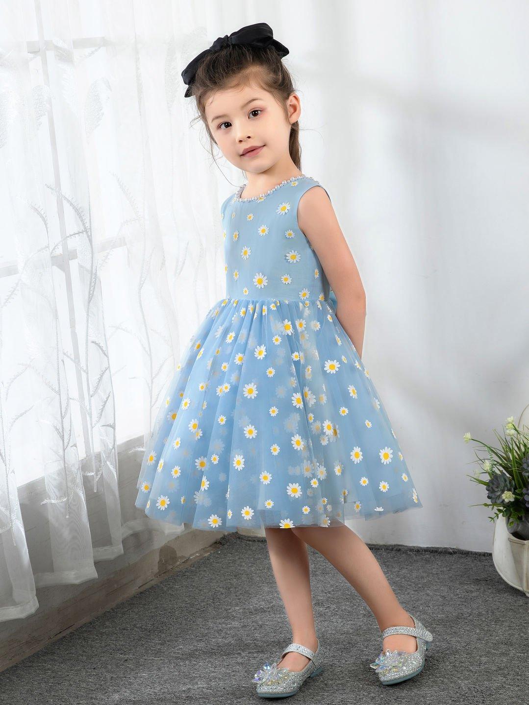 NumberSea - Kids Little Blue Daisy Flower Girls' Princess Cute Dresses Children's Occasion Wear Party Dresses Birthday Dress