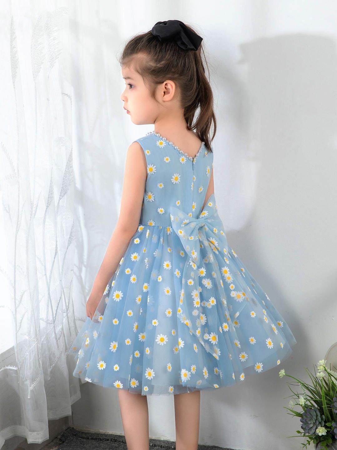 NumberSea - Kids Little Blue Daisy Flower Girls' Princess Cute Dresses Children's Occasion Wear Party Dresses Birthday Dress