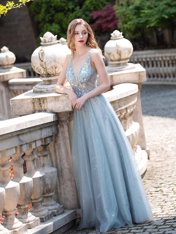 NumberSea A-line Tulle V-neck Luxurious Sexy Formal Evening Dresses Sleeveless Floor Length