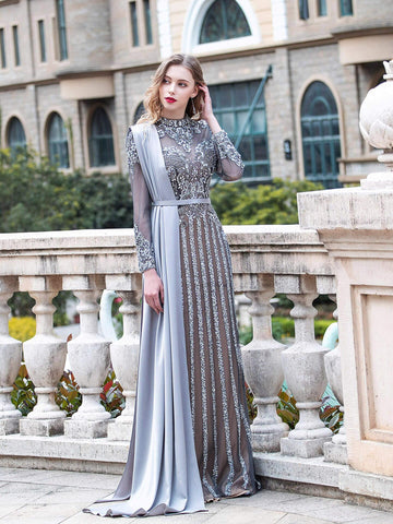 Numbersea Mermaid Beaded Luxurious Fashion Formal Evening Dresses Long Sleeve Floor Length