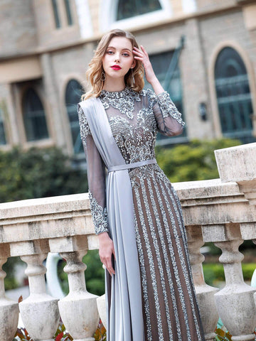 Numbersea Mermaid Beaded Luxurious Fashion Formal Evening Dresses Long Sleeve Floor Length