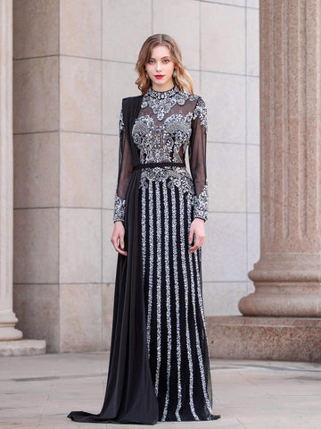 Numbersea Mermaid Beaded Luxurious Fashion Formal Evening Dresses Long Sleeve Floor Length