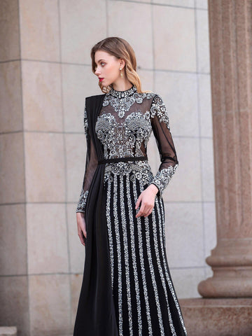 Numbersea Mermaid Beaded Luxurious Fashion Formal Evening Dresses Long Sleeve Floor Length