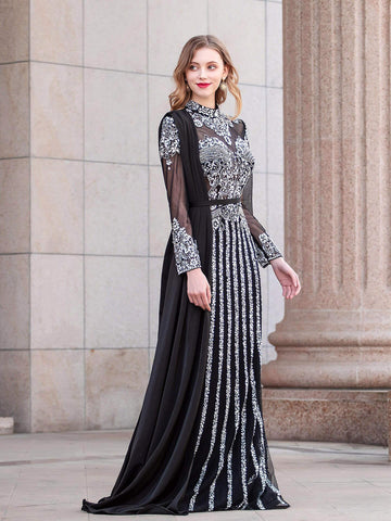 Numbersea Mermaid Beaded Luxurious Fashion Formal Evening Dresses Long Sleeve Floor Length