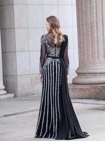 Numbersea Mermaid Beaded Luxurious Fashion Formal Evening Dresses Long Sleeve Floor Length