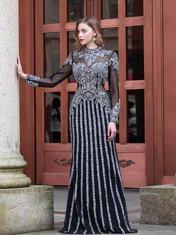 Numbersea Mermaid Beaded Luxurious Fashion Formal Evening Dresses Long Sleeve Floor Length