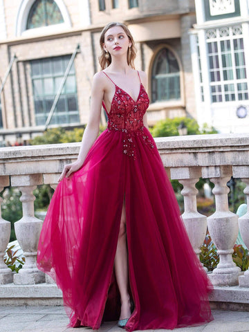 Robe de soirée luxueuse et sexy en forme de A, bretelles spaghetti, sans manches, avec fente, longueur au sol 