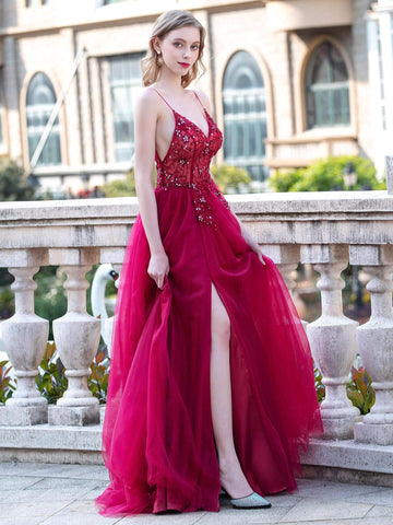 Robe de soirée luxueuse et sexy en forme de A, bretelles spaghetti, sans manches, avec fente, longueur au sol 