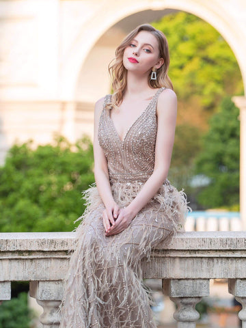 Numbersea Mermaid V-neck V-back Beaded Feather Luxurious Fashion Formal Evening Dresses Sleeveless Floor Length