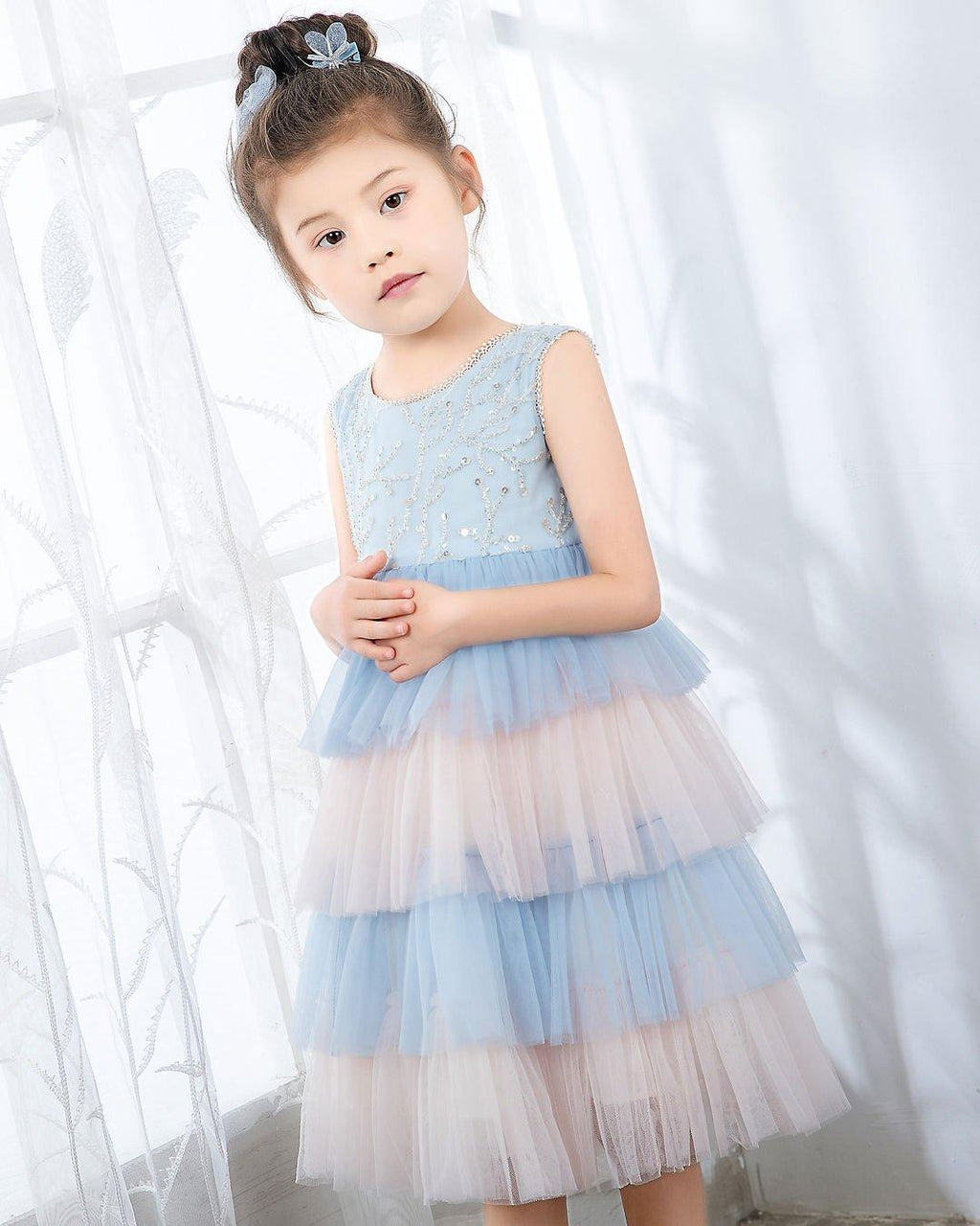 NumberSea - Light Blue Sleeveless Beaded Girls Princess Dresses Birthday Dress Party Dresses Kids Fashion Dresses