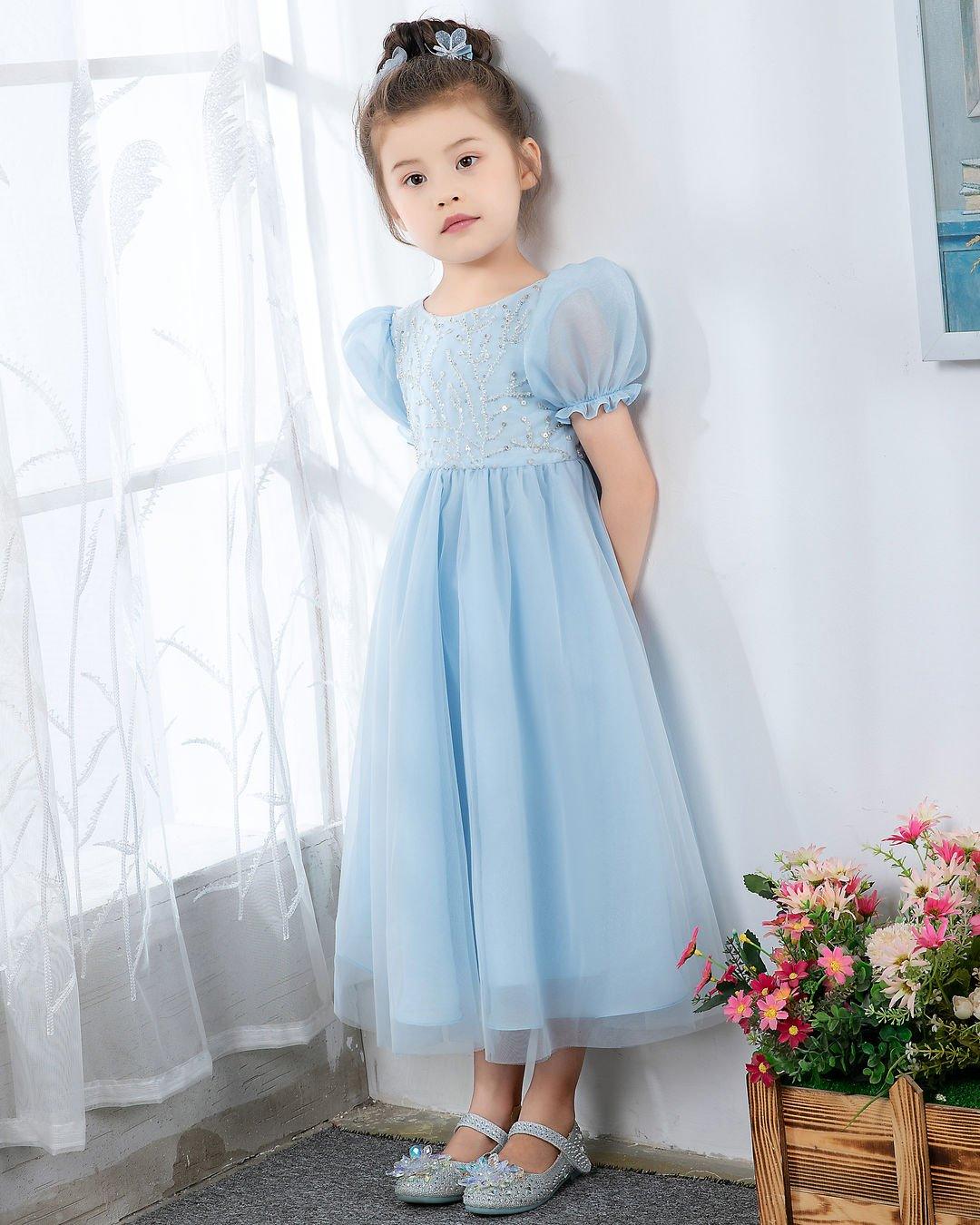 NumberSea - Light Blue Short Sleeves Beaded Girls Princess Dresses Birthday Dress Party Dresses Kids Fashion Dresses