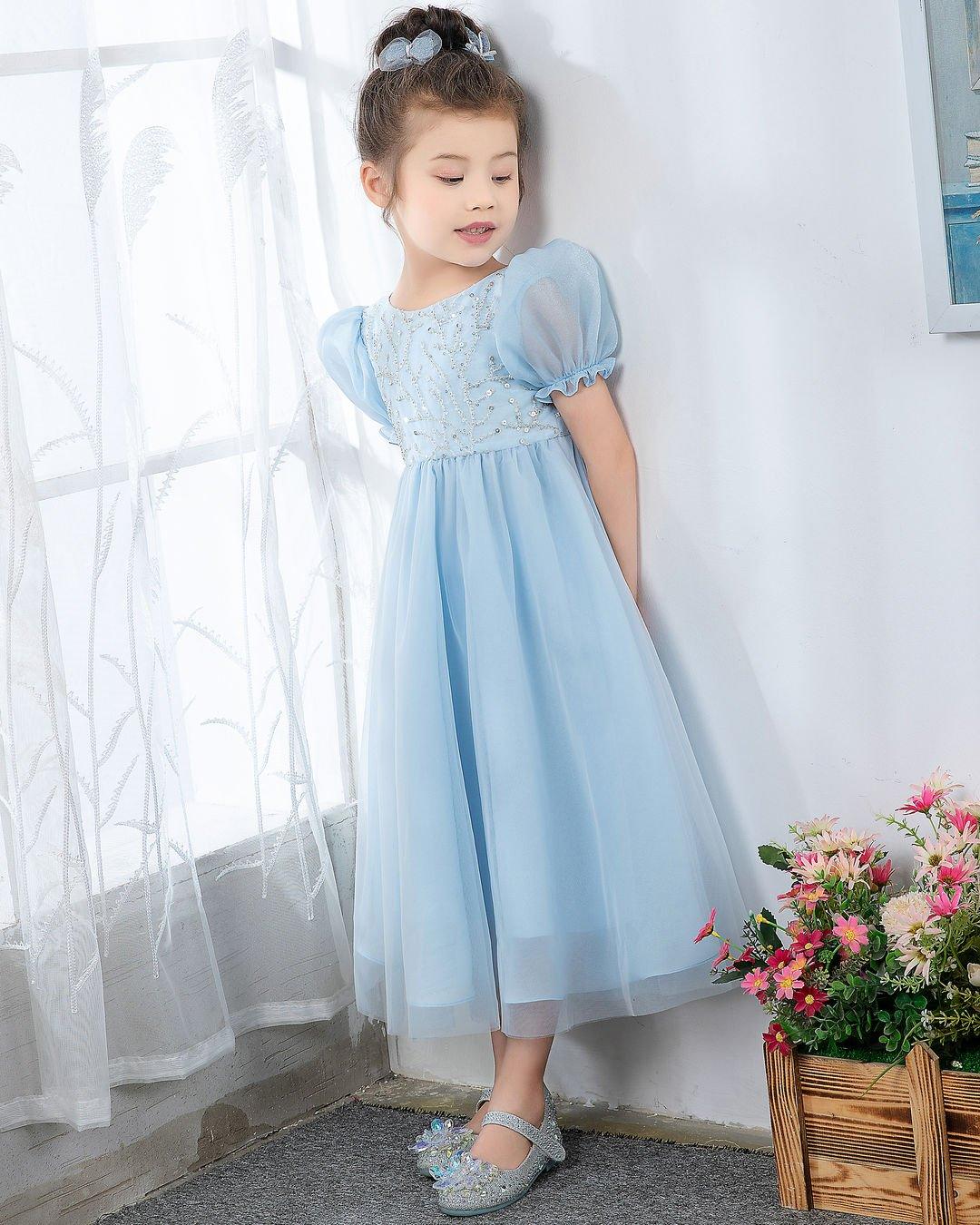 NumberSea - Light Blue Short Sleeves Beaded Girls Princess Dresses Birthday Dress Party Dresses Kids Fashion Dresses