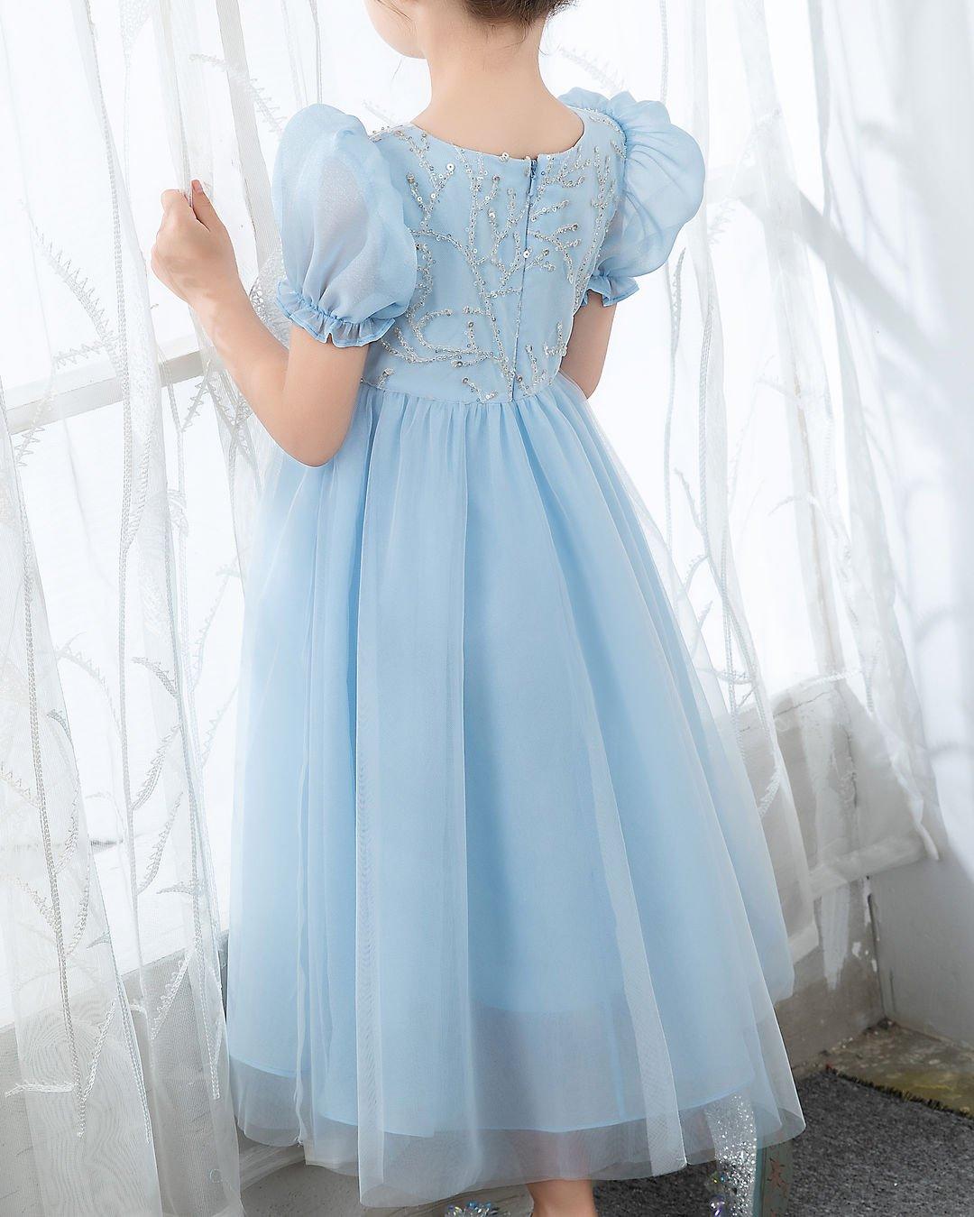 NumberSea - Light Blue Short Sleeves Beaded Girls Princess Dresses Birthday Dress Party Dresses Kids Fashion Dresses