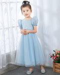 NumberSea - Light Blue Short Sleeves Beaded Girls Princess Dresses Birthday Dress Party Dresses Kids Fashion Dresses