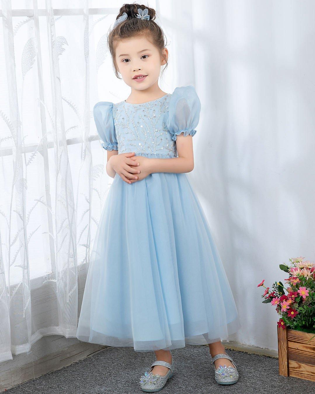 NumberSea - Light Blue Short Sleeves Beaded Girls Princess Dresses Birthday Dress Party Dresses Kids Fashion Dresses