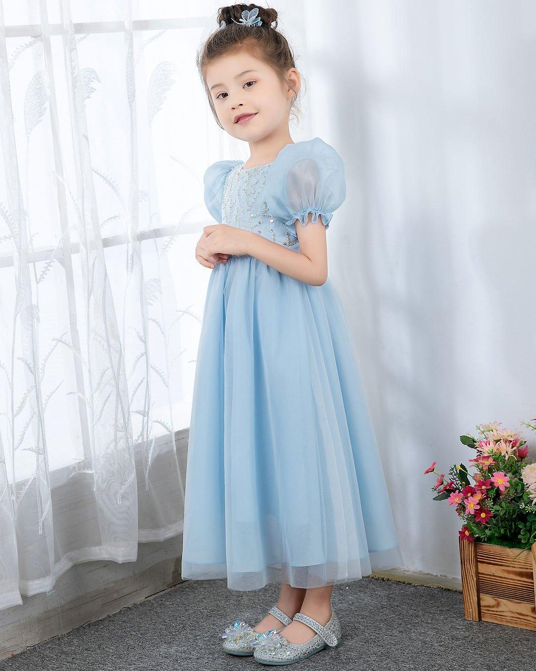 NumberSea - Light Blue Short Sleeves Beaded Girls Princess Dresses Birthday Dress Party Dresses Kids Fashion Dresses
