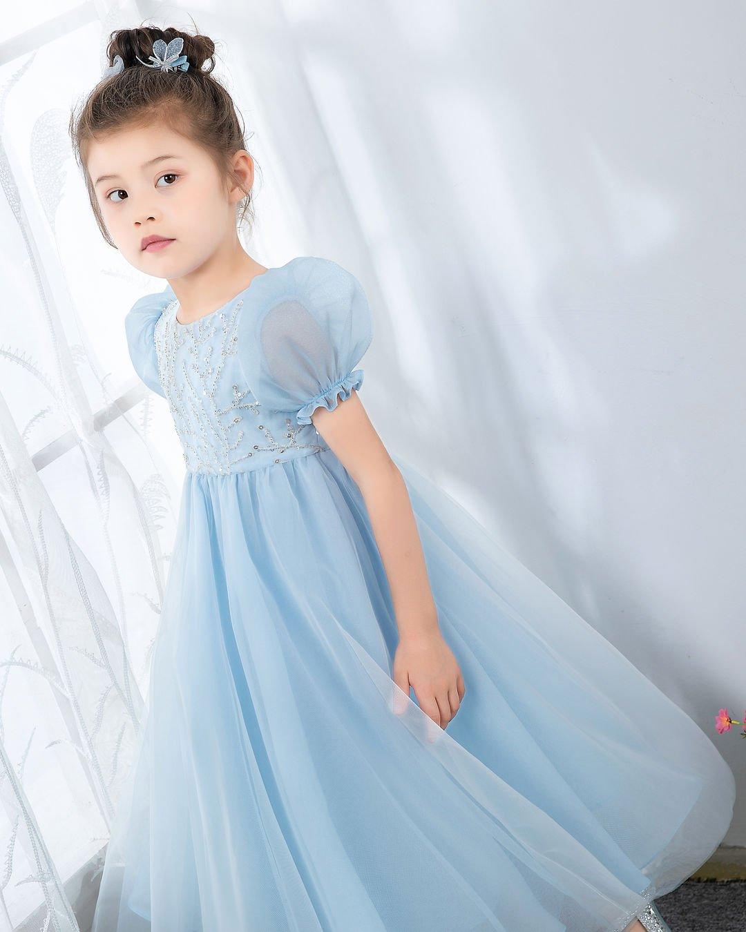 NumberSea - Light Blue Short Sleeves Beaded Girls Princess Dresses Birthday Dress Party Dresses Kids Fashion Dresses
