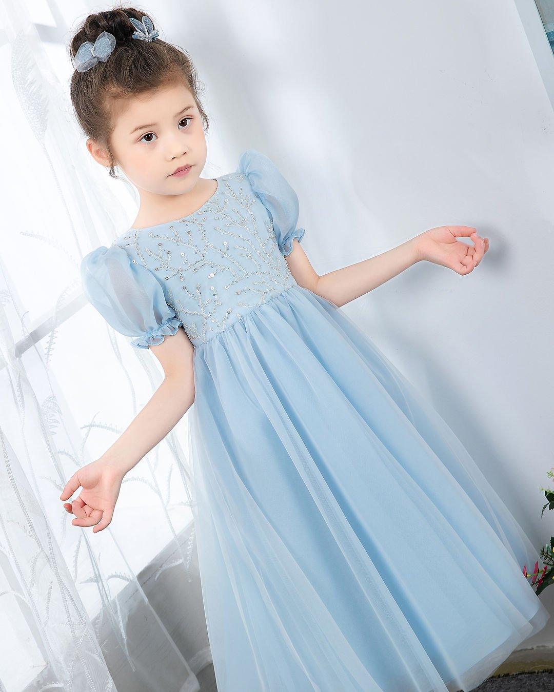 NumberSea - Light Blue Short Sleeves Beaded Girls Princess Dresses Birthday Dress Party Dresses Kids Fashion Dresses