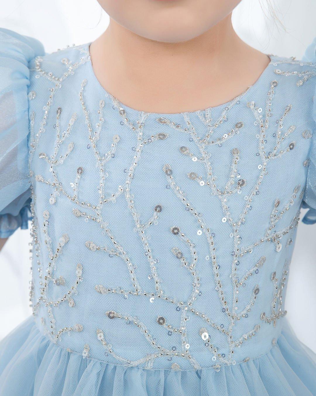 NumberSea - Light Blue Short Sleeves Beaded Girls Princess Dresses Birthday Dress Party Dresses Kids Fashion Dresses