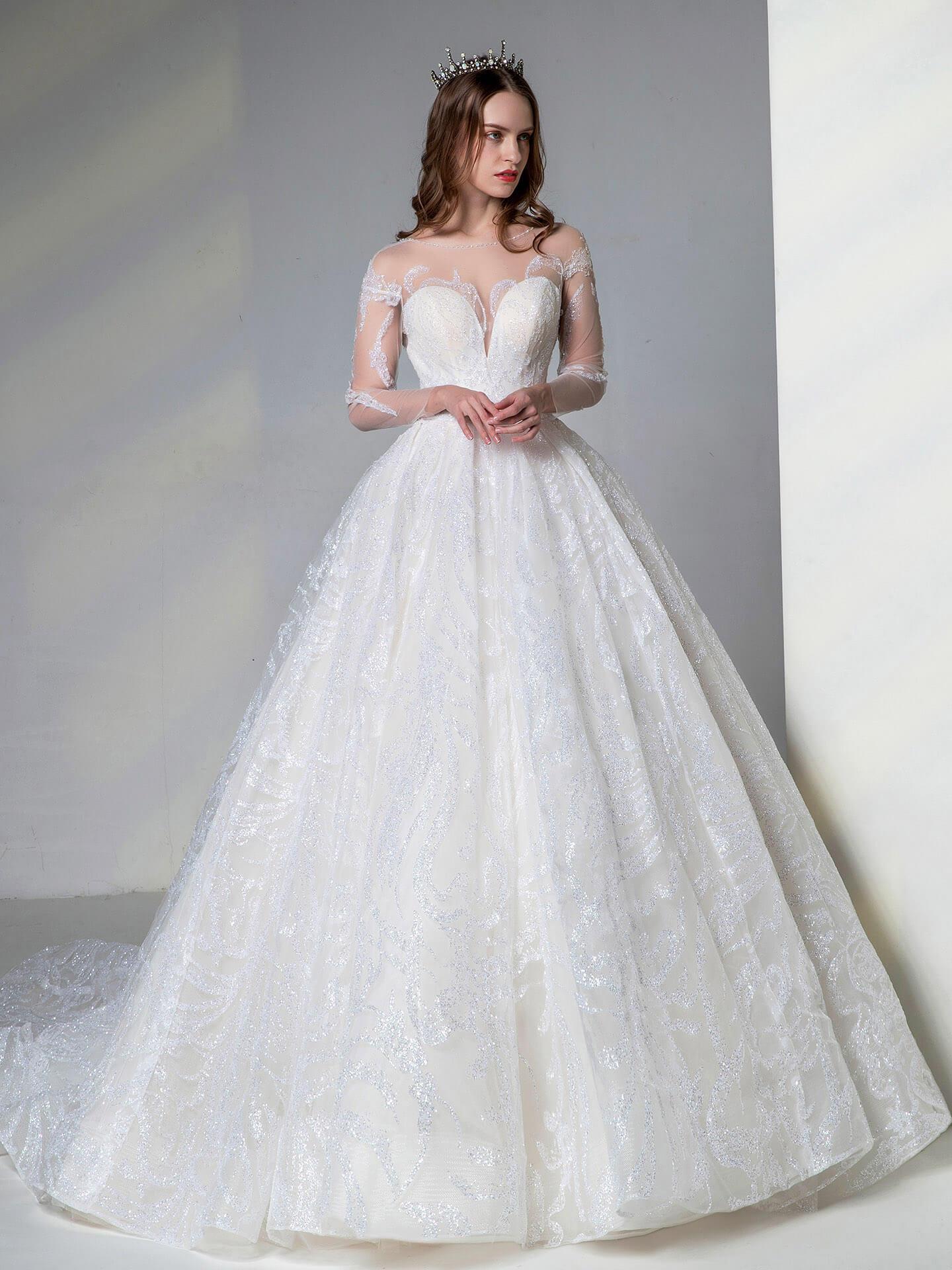A classic Ball Gown with Sweetheart Neckline Sexy V-back Long See Through Sleeves