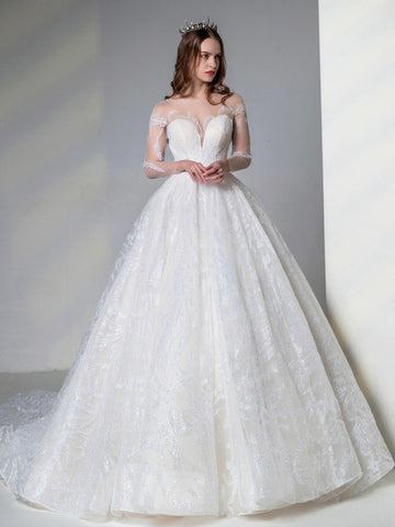 A classic Ball Gown with Sweetheart Neckline Sexy V-back Long See Through Sleeves
