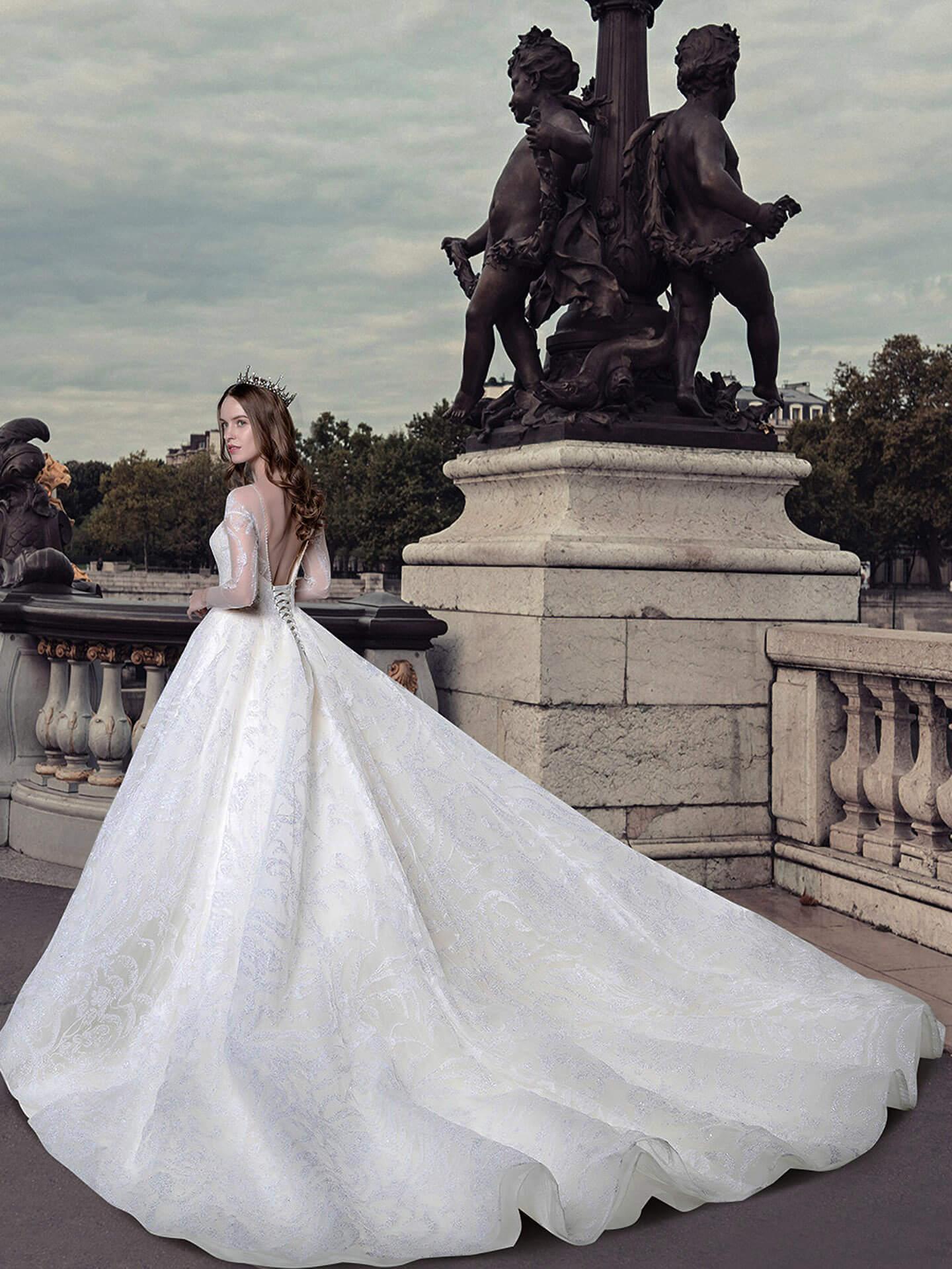 A classic Ball Gown with Sweetheart Neckline Sexy V-back Long See Through Sleeves