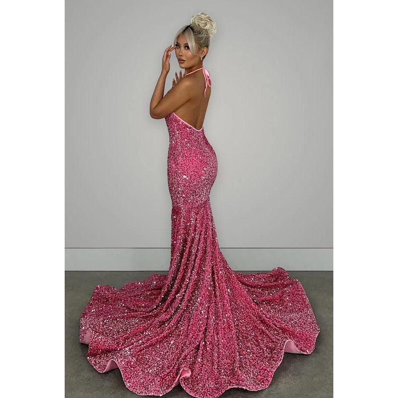 Vestido de noche largo de sirena con escote en V, espalda descubierta, lentejuelas y cola larga