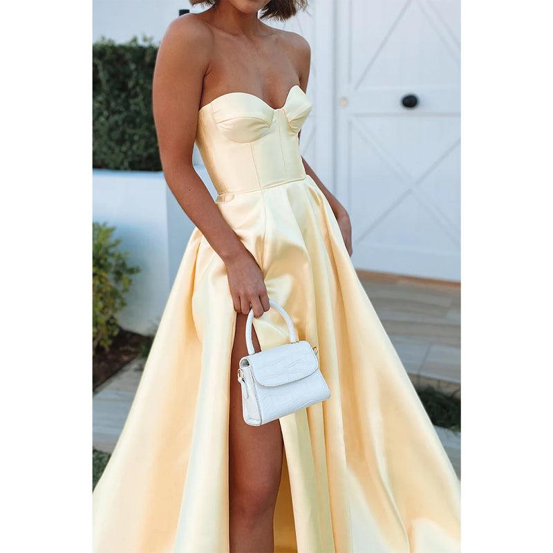 Sweetheart Yellow Satin High Split Prom Dress with Pockets