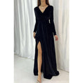 Vestido de noche largo y sencillo de terciopelo con escote en V y mangas largas, sexy y atractivo. 