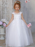 Vestido de princesa color marfil con apliques de encaje y lazo de tul | Vestido de niña de las flores de tul con mangas cortas y largo hasta los tobillos 